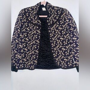 Vintage Women’s Quilted Floral Navy and Beige Jacket